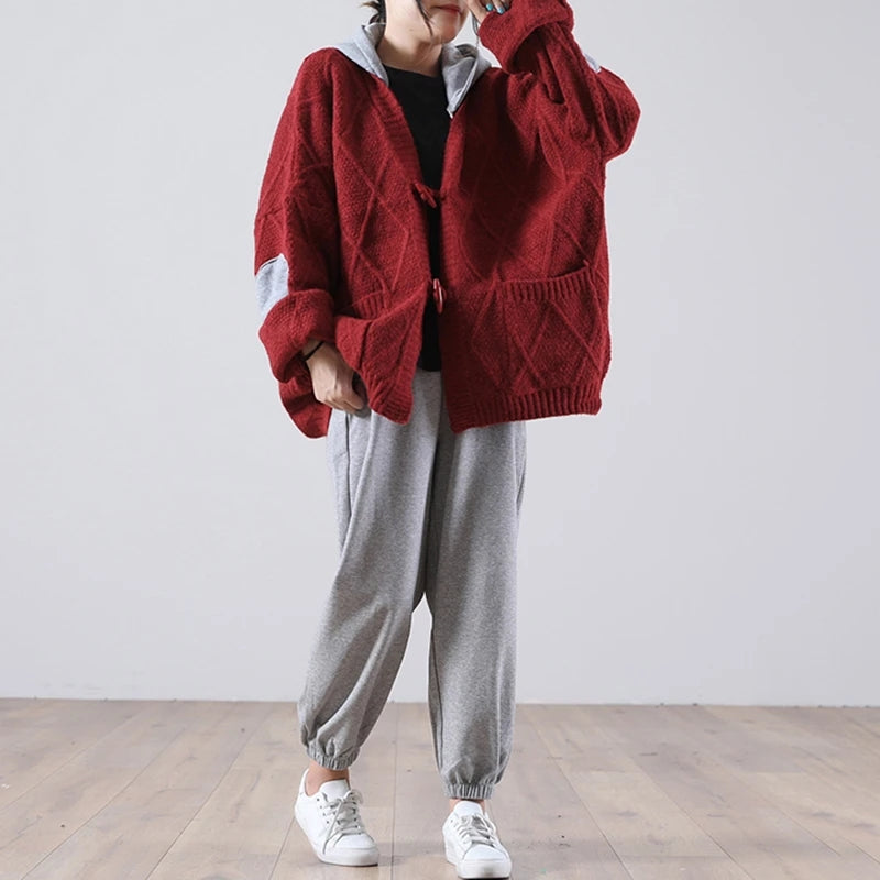 Knitted Patchwork Hooded Sweater Coat - Luckyback
