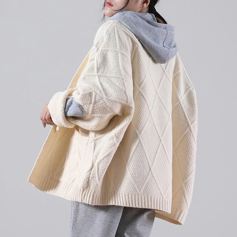 Knitted Patchwork Hooded Sweater Coat - Luckyback