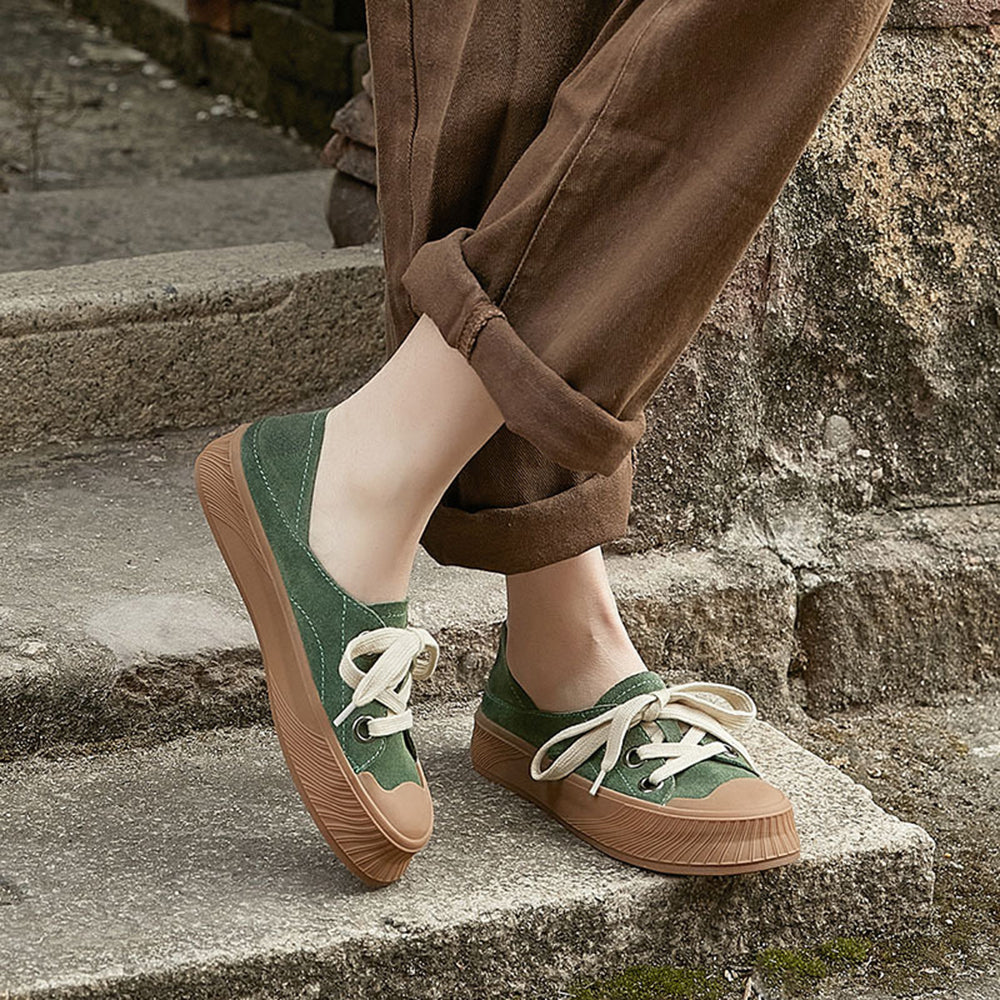 Lace-Up Suede Leather Flat Shoes (Worn as Slippers)