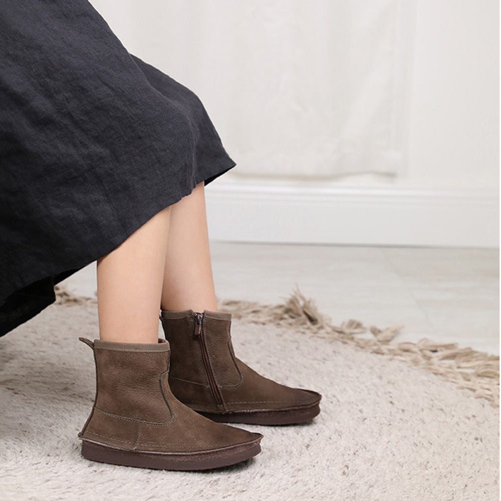Leather Round Toe Stitching Side Zipper Retro Women Boots