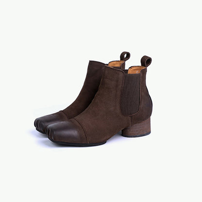Leather Square Toe Mid-heeled Chelsea Retro Boots