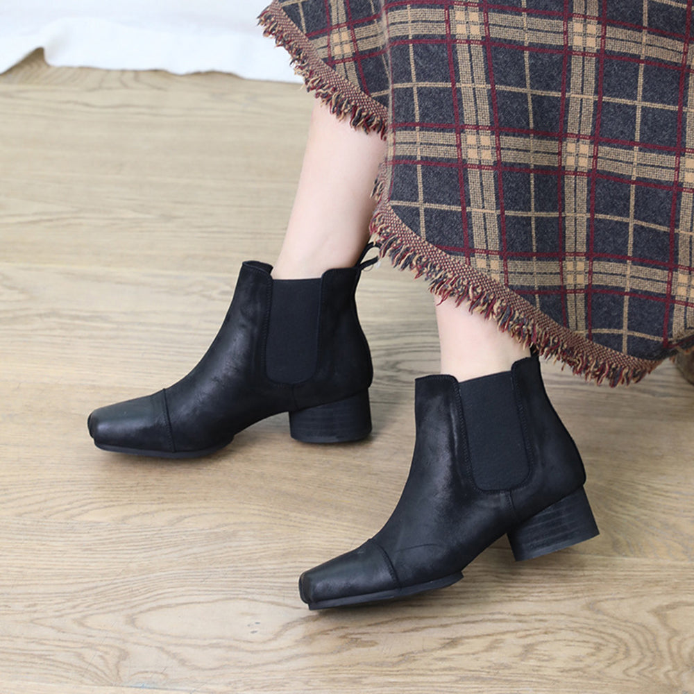 Leather Square Toe Mid-heeled Chelsea Retro Boots