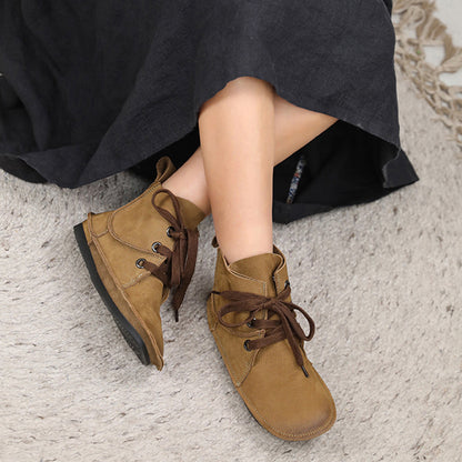 Leather Stitching Lace Up Retro Women Boots