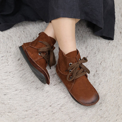 Leather Stitching Lace Up Retro Women Boots