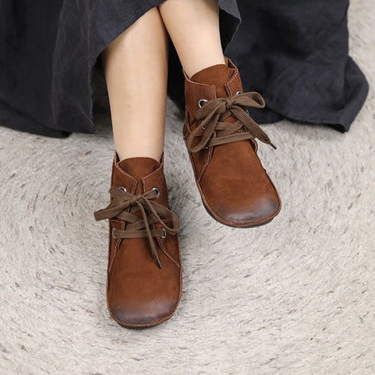 Leather Stitching Lace Up Retro Women Boots