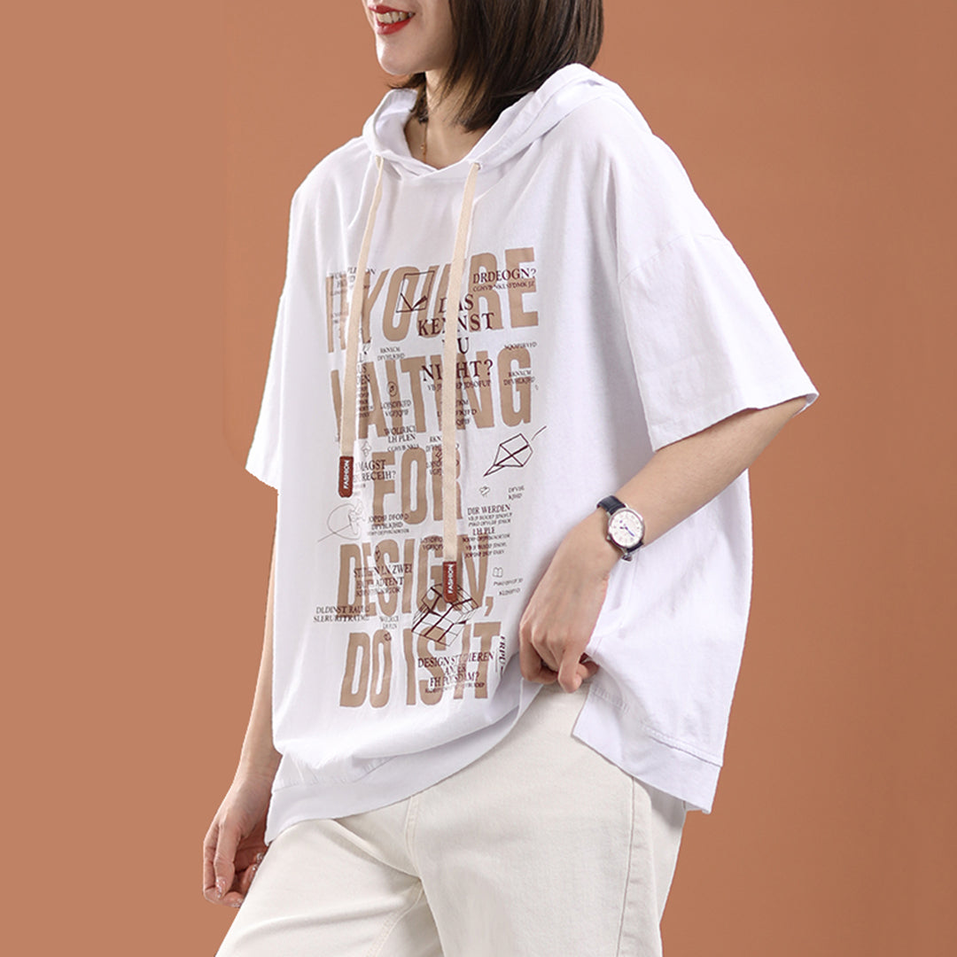 Letter Printed Hooded Drawstring Short T-Shirt - Luckyback