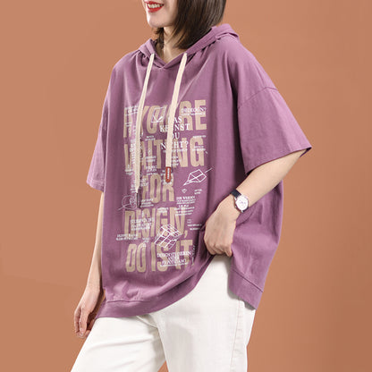 Letter Printed Hooded Drawstring Short T-Shirt - Luckyback