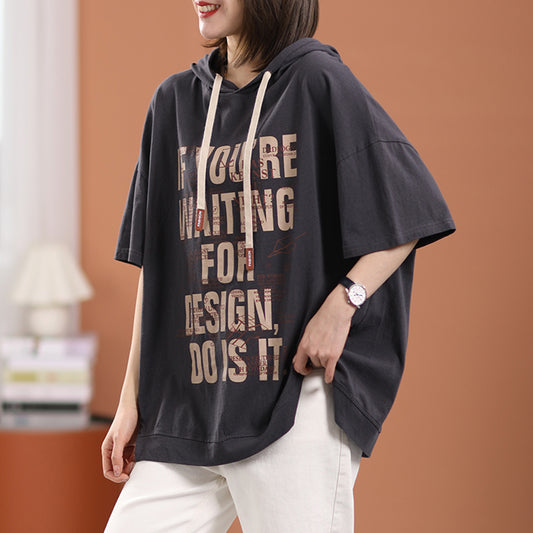 Letter Printed Hooded Drawstring Short T-Shirt - Luckyback