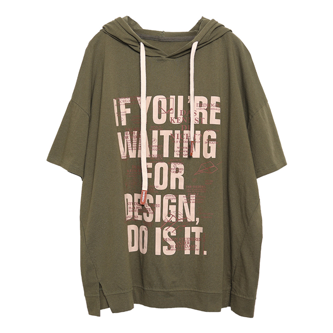 Letter Printed Hooded Drawstring Short T-Shirt - Luckyback