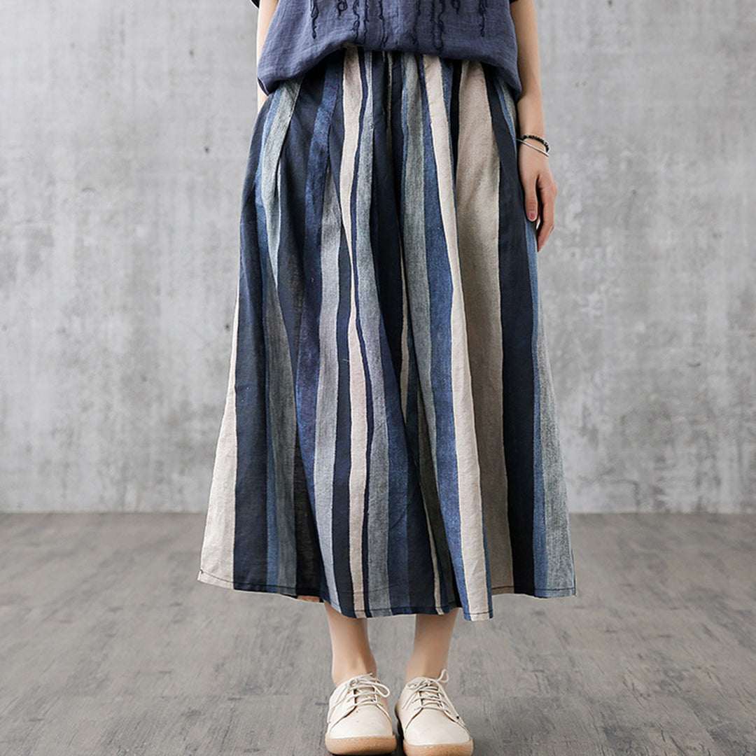 Linen Striped Casual Midi Skirt - Luckyback