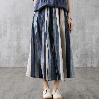 Linen Striped Casual Midi Skirt - Luckyback