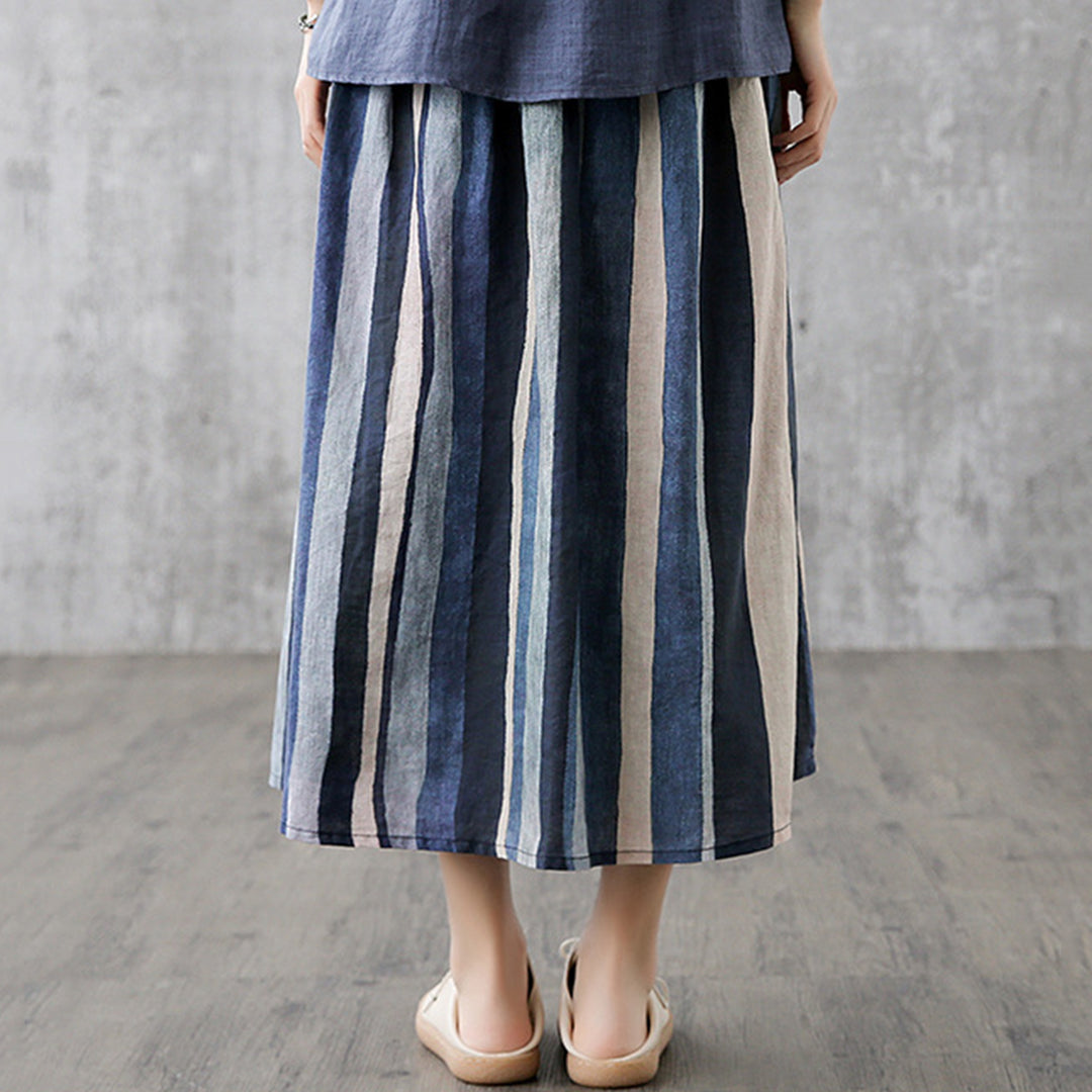 Linen Striped Casual Midi Skirt - Luckyback