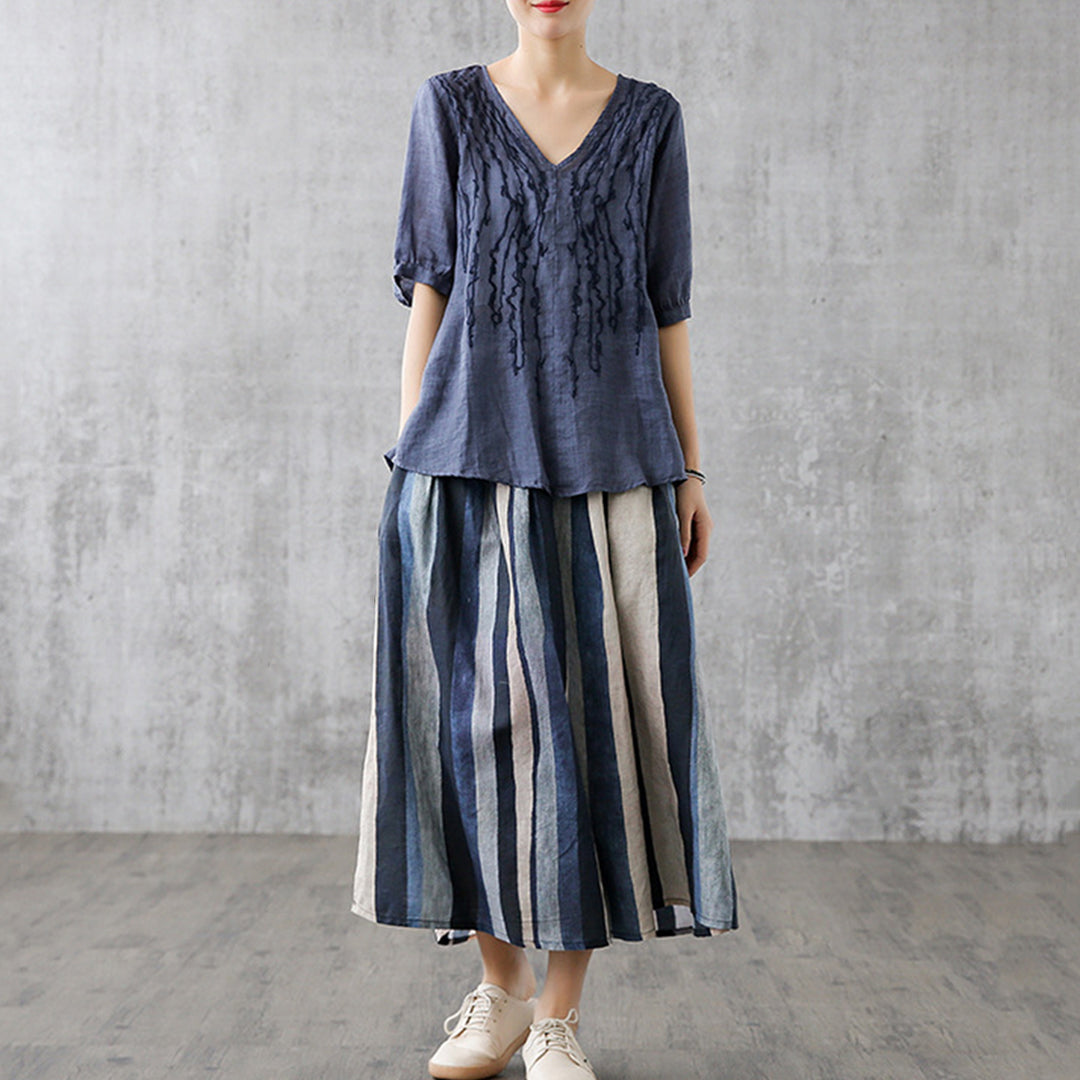 Linen Striped Casual Midi Skirt - Luckyback