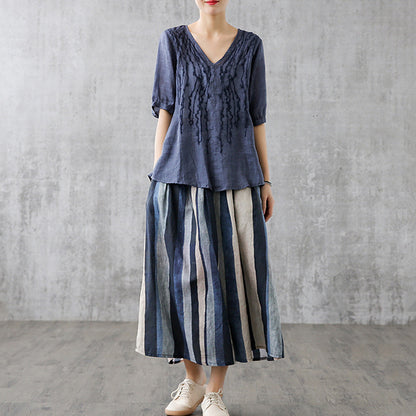 Linen Striped Casual Midi Skirt - Luckyback