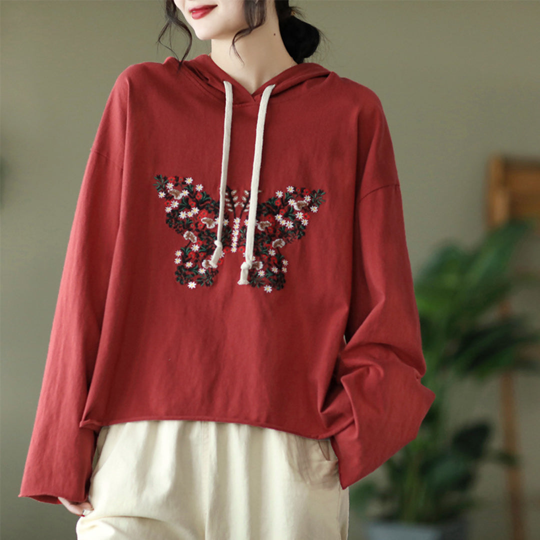 Loose Fit Butterfly Embroidered Hoodie - Luckyback