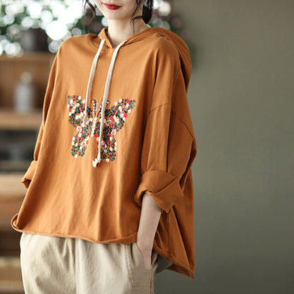 Loose Fit Butterfly Embroidered Hoodie - Luckyback