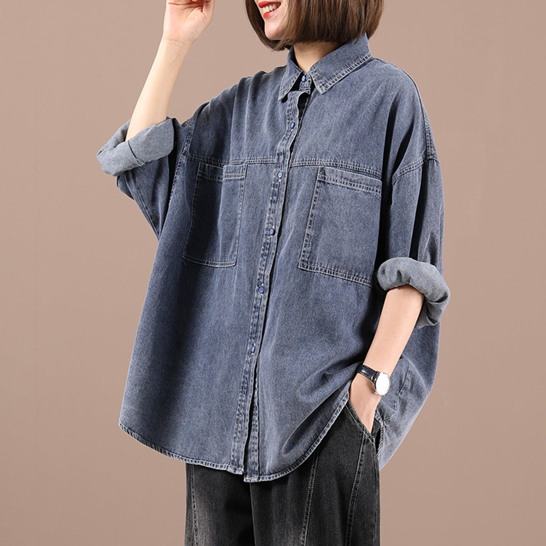 Loose Fit Casual Denim Shirt - Luckyback