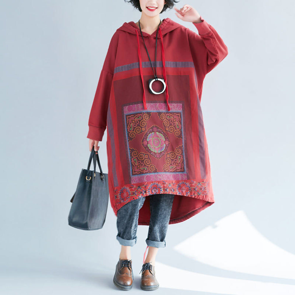 Loose Fit Casual Printed High-Low Hooded Dress