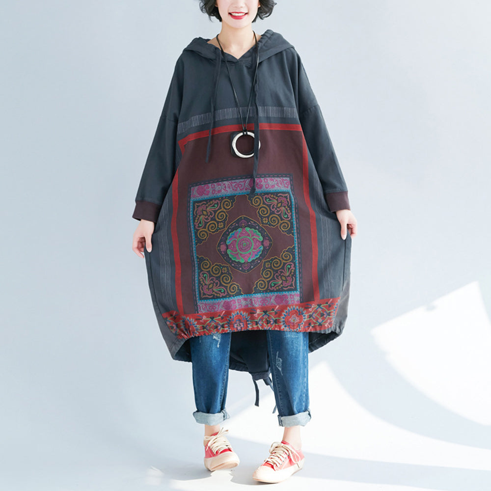 Loose Fit Casual Printed High-Low Hooded Dress