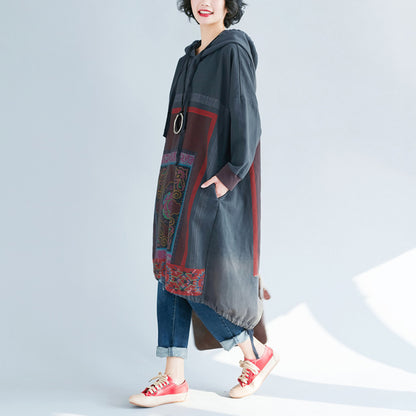 Loose Fit Casual Printed High-Low Hooded Dress