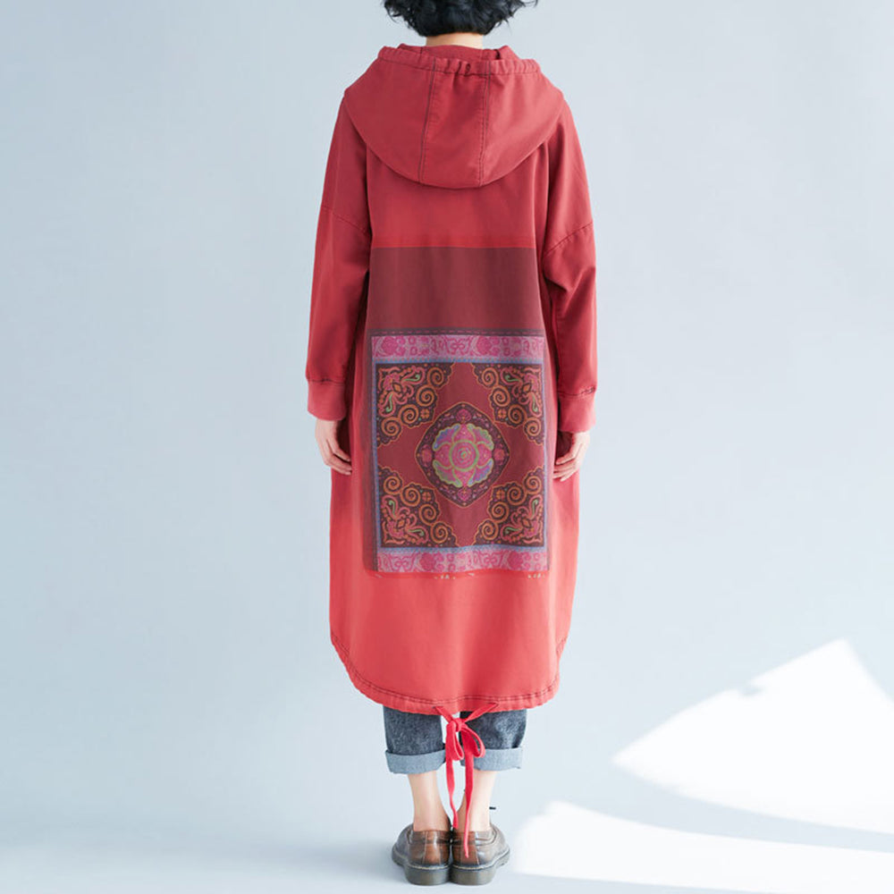 Loose Fit Casual Printed High-Low Hooded Dress