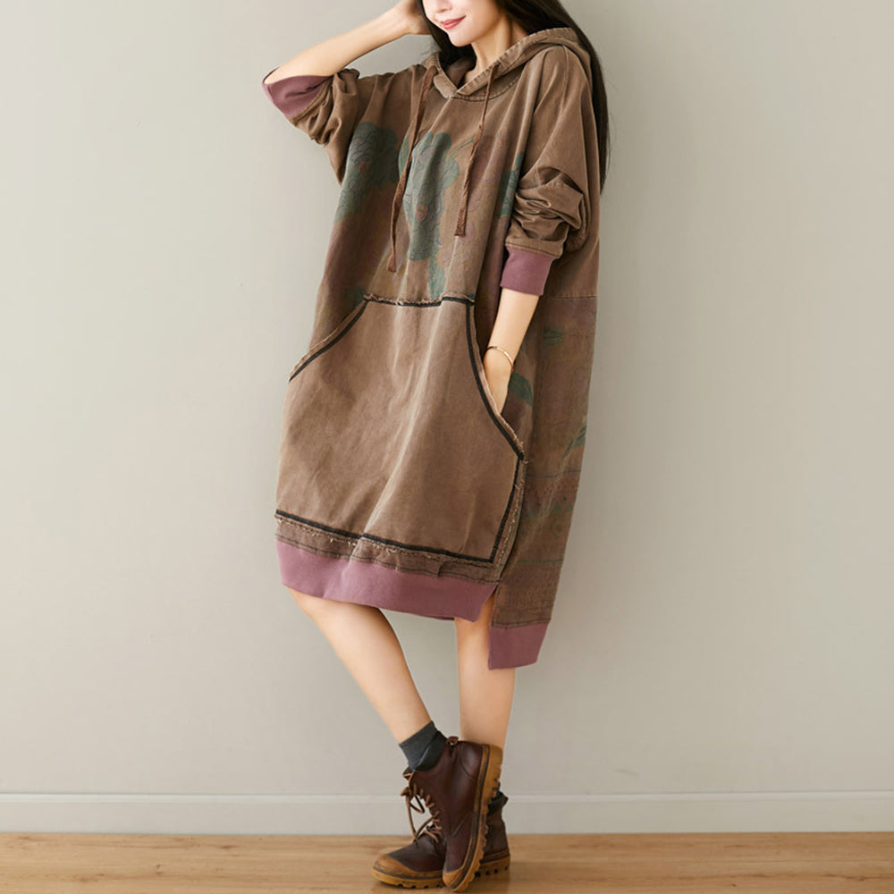 Loose Fit High-Low Printed Hooded Dress With Large Pocket