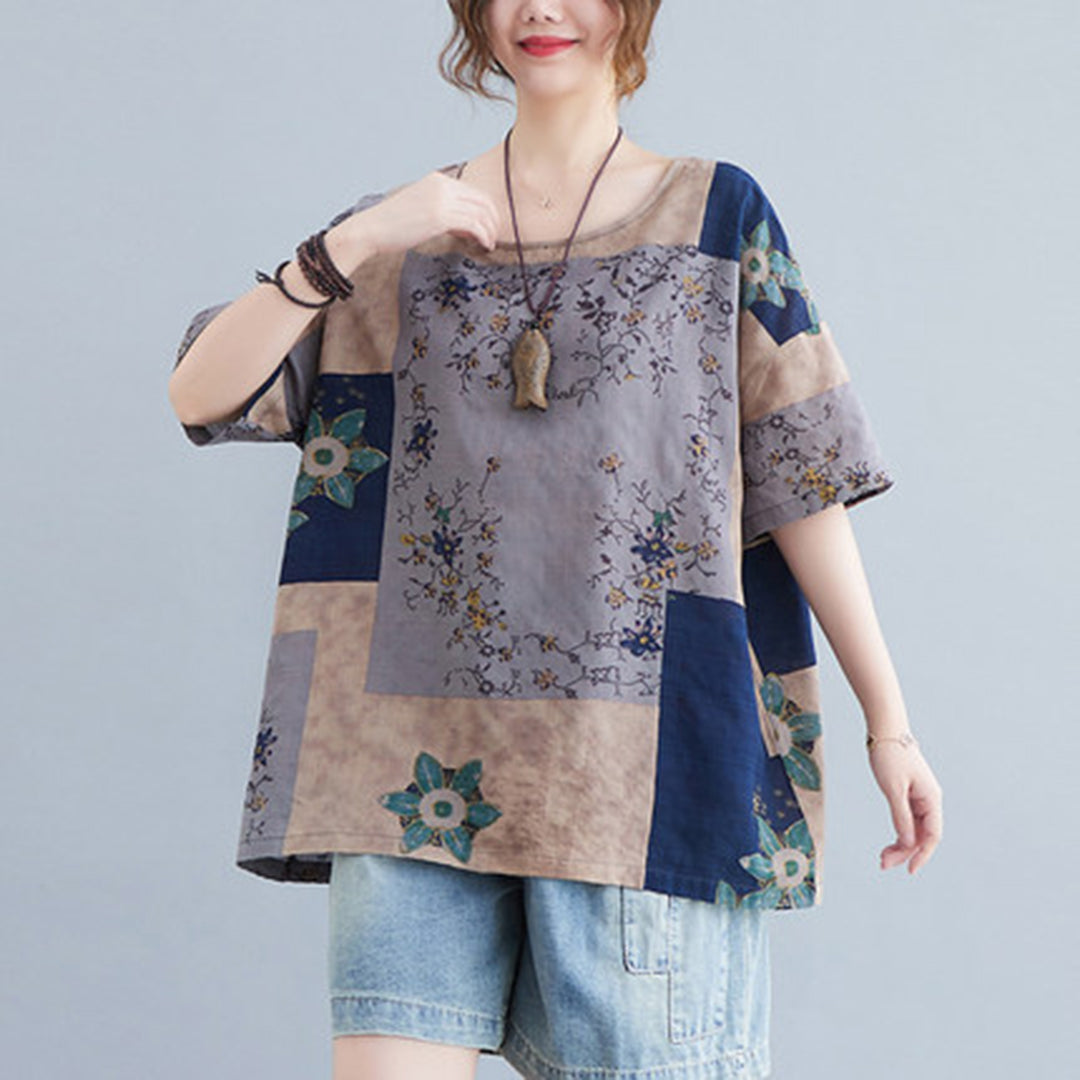 Loose Fit Print Linen Short-sleeved T-shirt