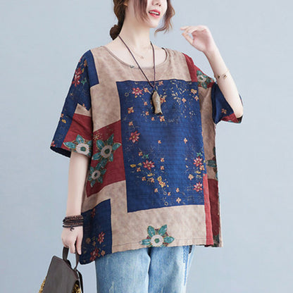 Loose Fit Print Linen Short-sleeved T-shirt