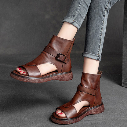 Peep Toe Flat Leather Shoes With Zippers - Luckyback