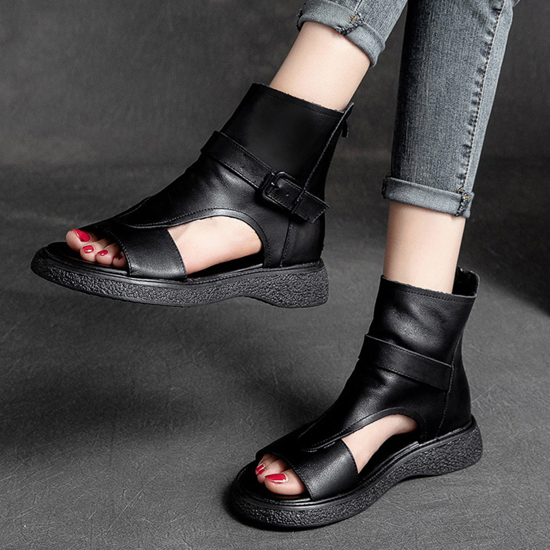 Peep Toe Flat Leather Shoes With Zippers - Luckyback