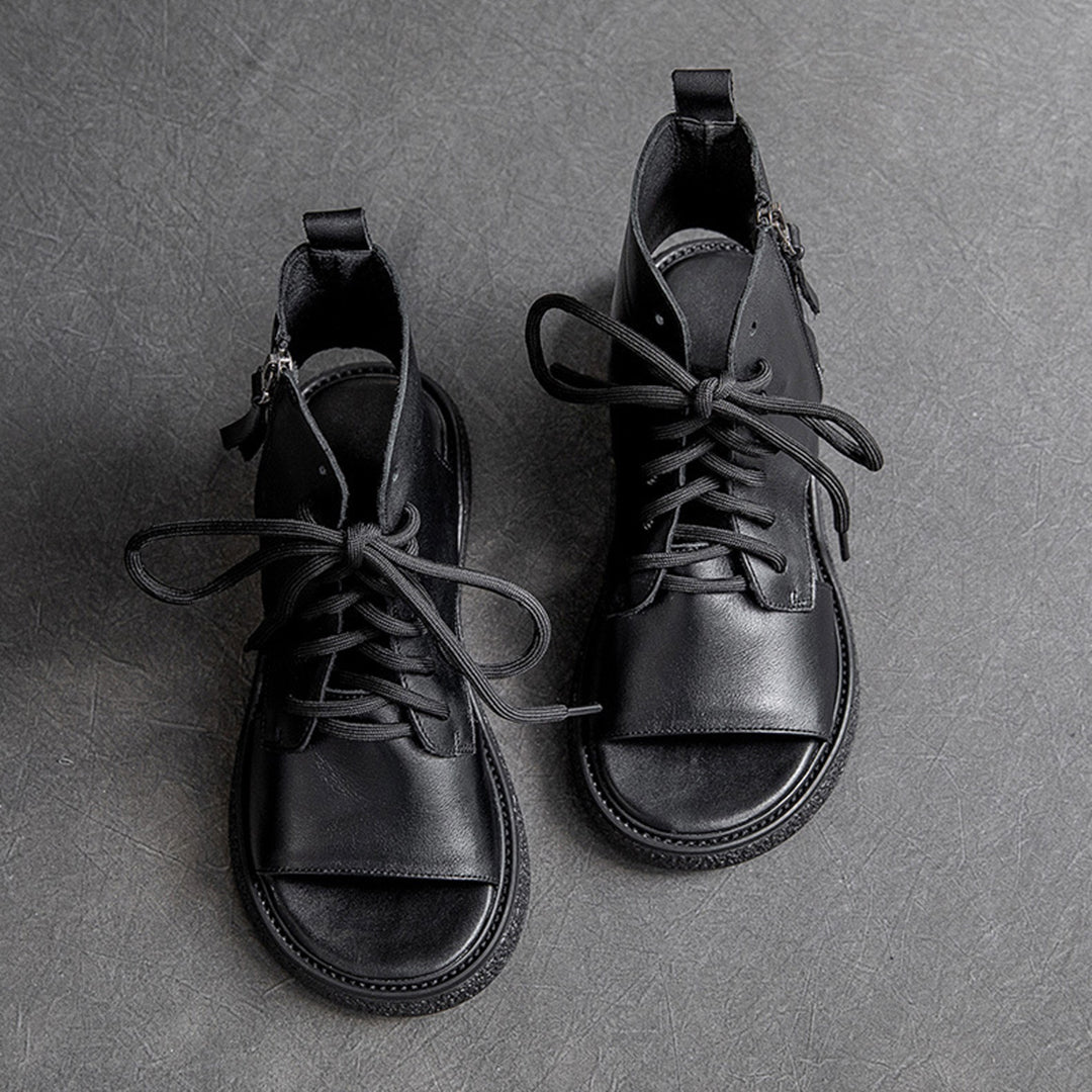 Peep Toe Lace Up Leather Shoes - Luckyback