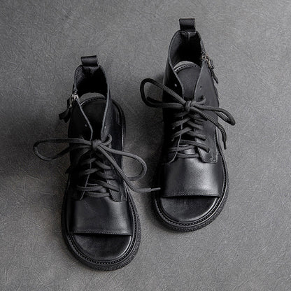 Peep Toe Lace Up Leather Shoes - Luckyback