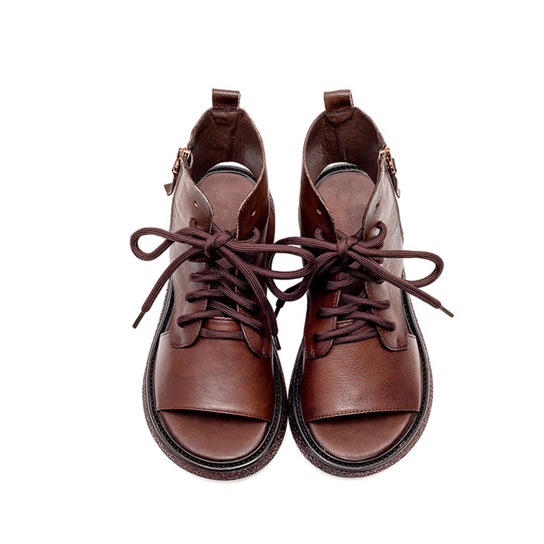 Peep Toe Lace Up Leather Shoes - Luckyback