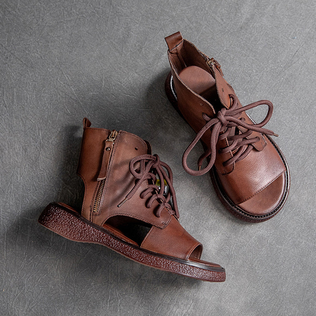 Peep Toe Lace Up Leather Shoes - Luckyback