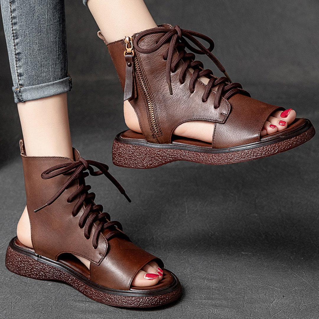 Peep Toe Lace Up Leather Shoes - Luckyback
