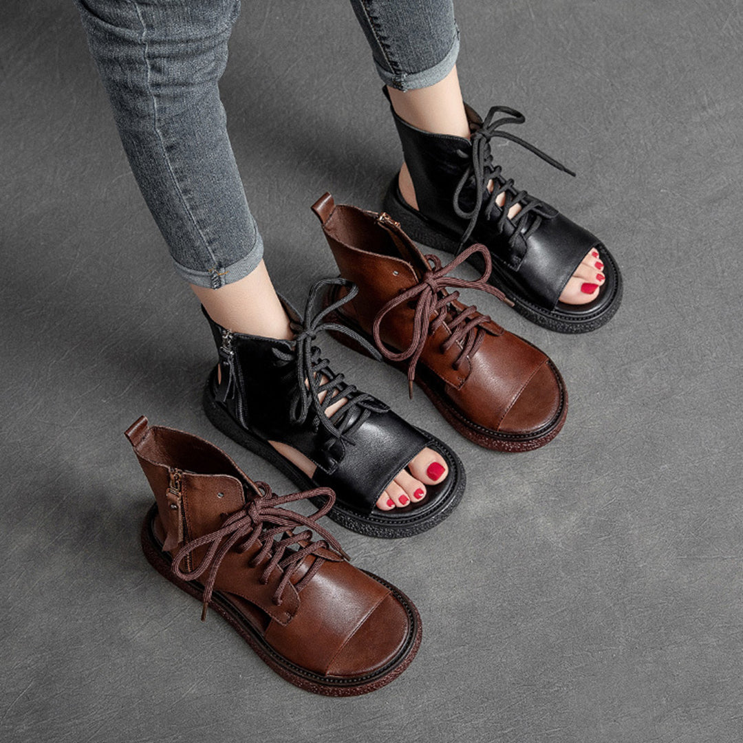Peep Toe Lace Up Leather Shoes - Luckyback