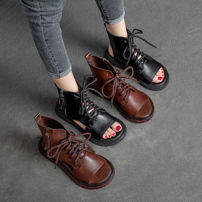 Peep Toe Lace Up Leather Shoes - Luckyback
