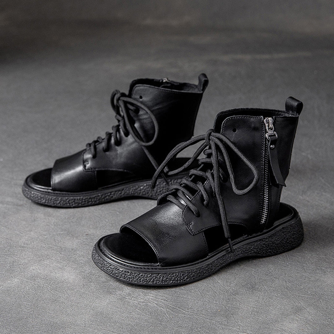 Peep Toe Lace Up Leather Shoes - Luckyback