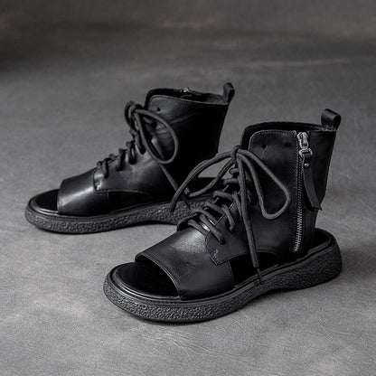 Peep Toe Lace Up Leather Shoes - Luckyback