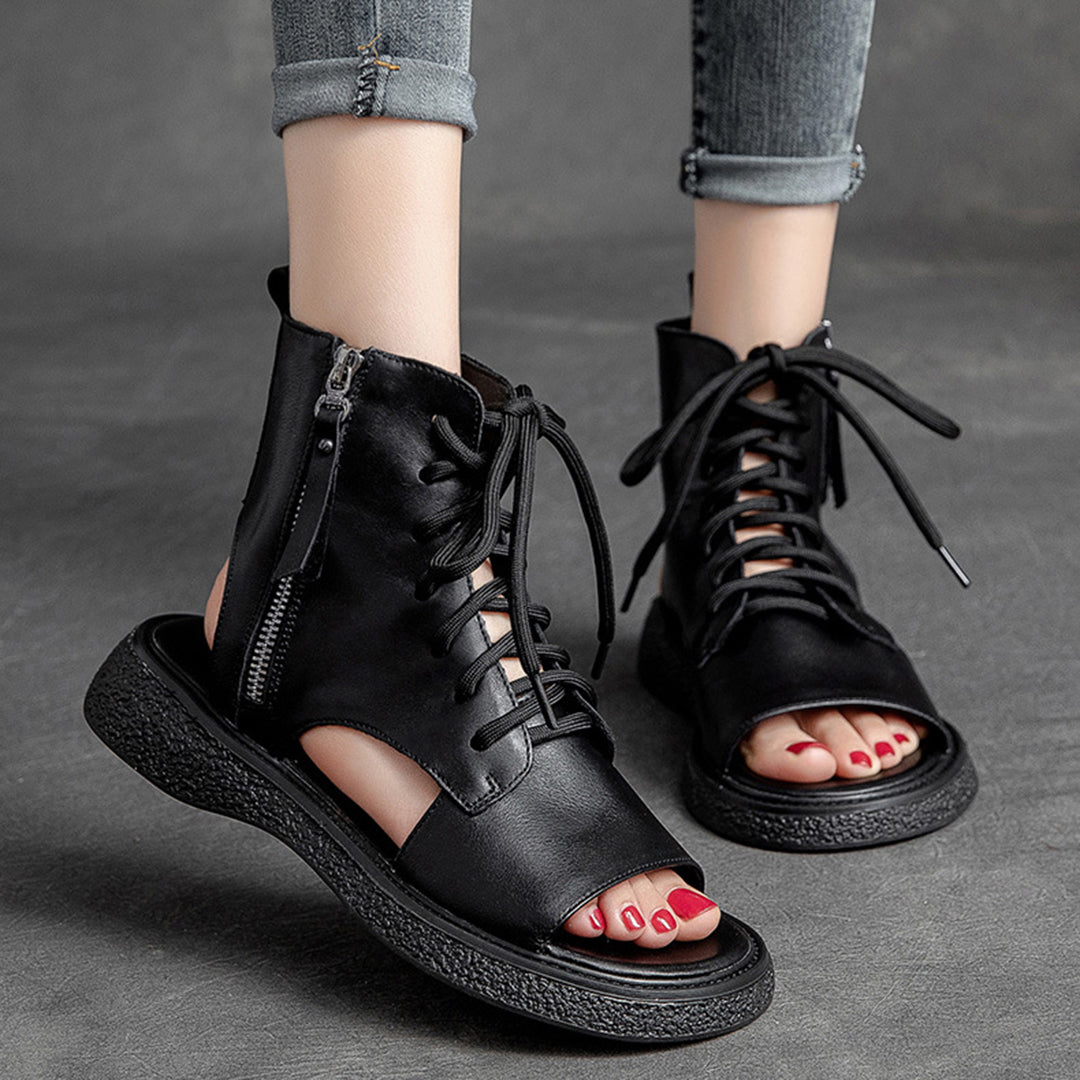 Peep Toe Lace Up Leather Shoes - Luckyback