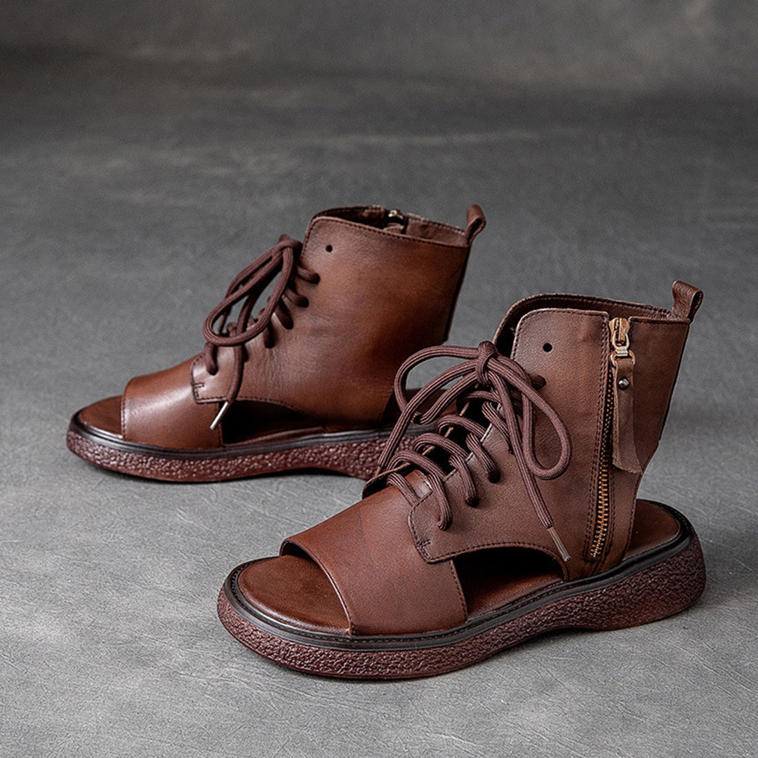 Peep Toe Lace Up Leather Shoes - Luckyback