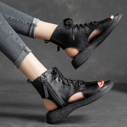 Peep Toe Lace Up Leather Shoes - Luckyback