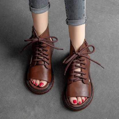 Peep Toe Lace Up Leather Shoes - Luckyback