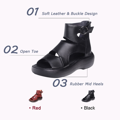 Peep Toe Mid Heel Leather Sandals - Luckyback