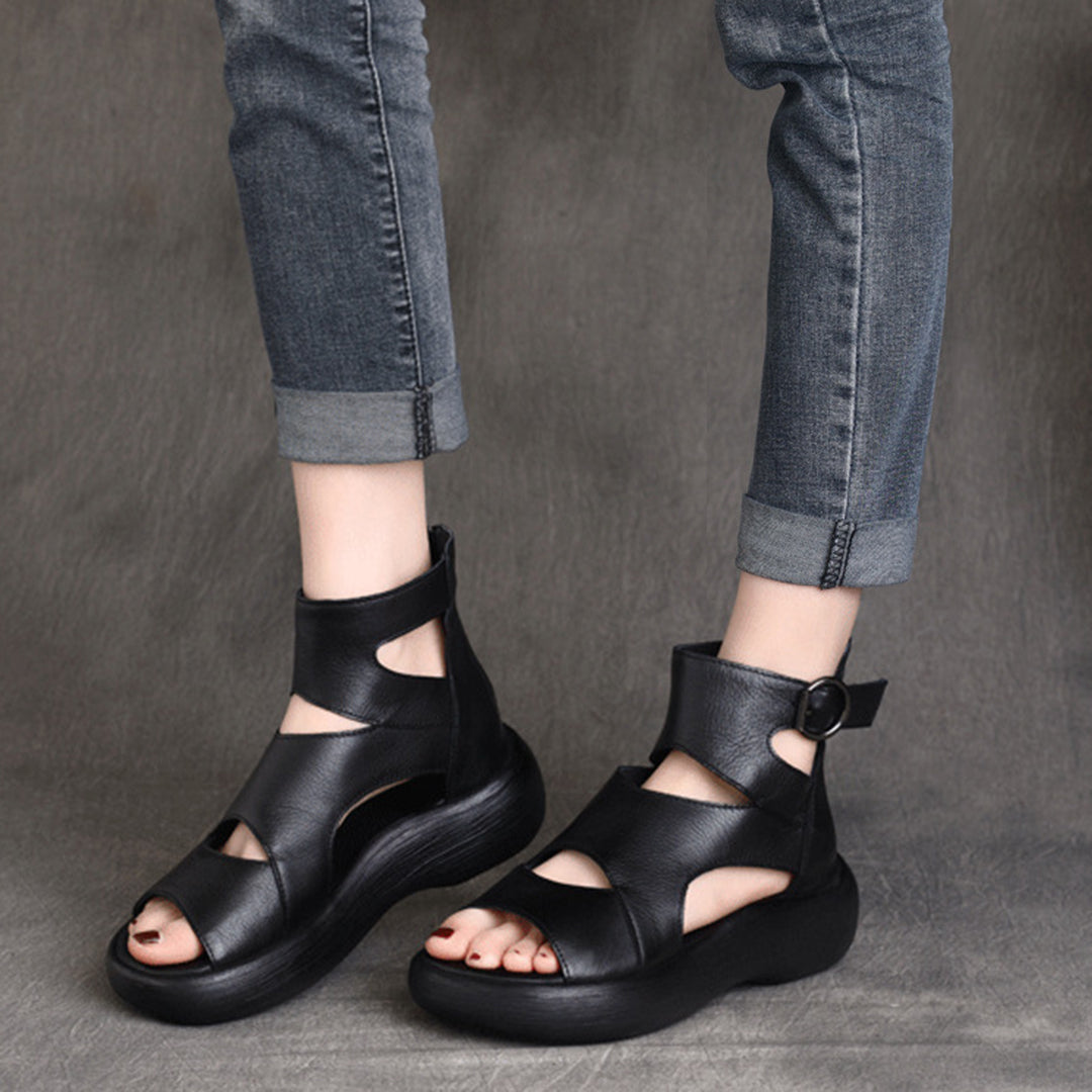 Peep Toe Mid Heel Leather Sandals - Luckyback