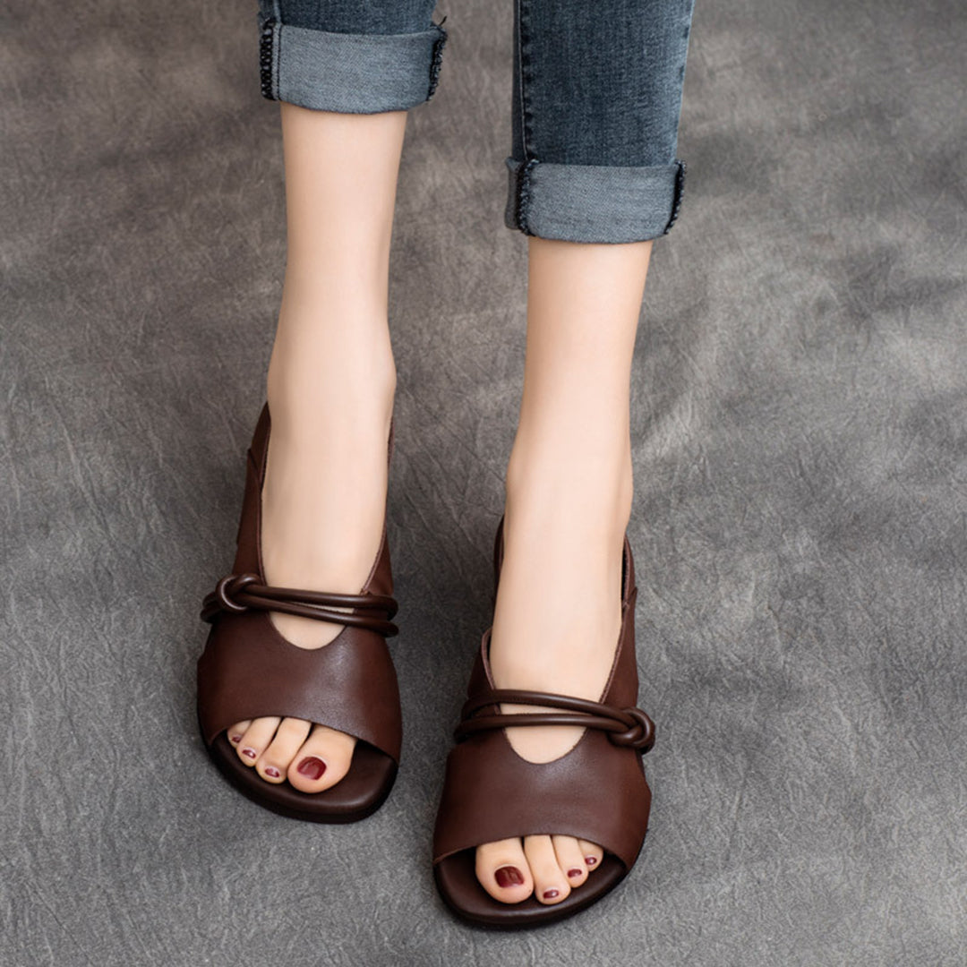 Peep Toe Solid Flat Leather Sandals - Luckyback