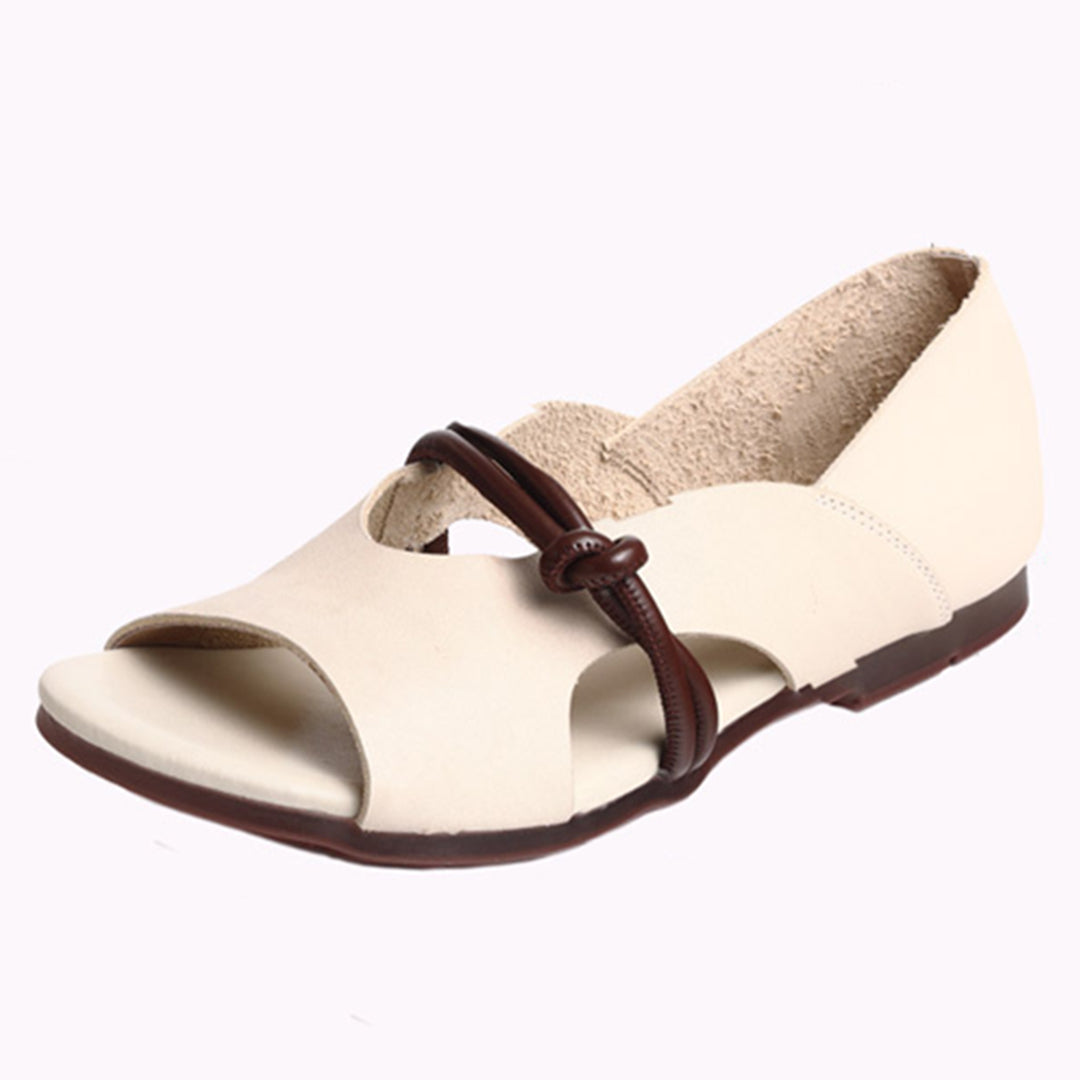 Peep Toe Solid Flat Leather Sandals - Luckyback