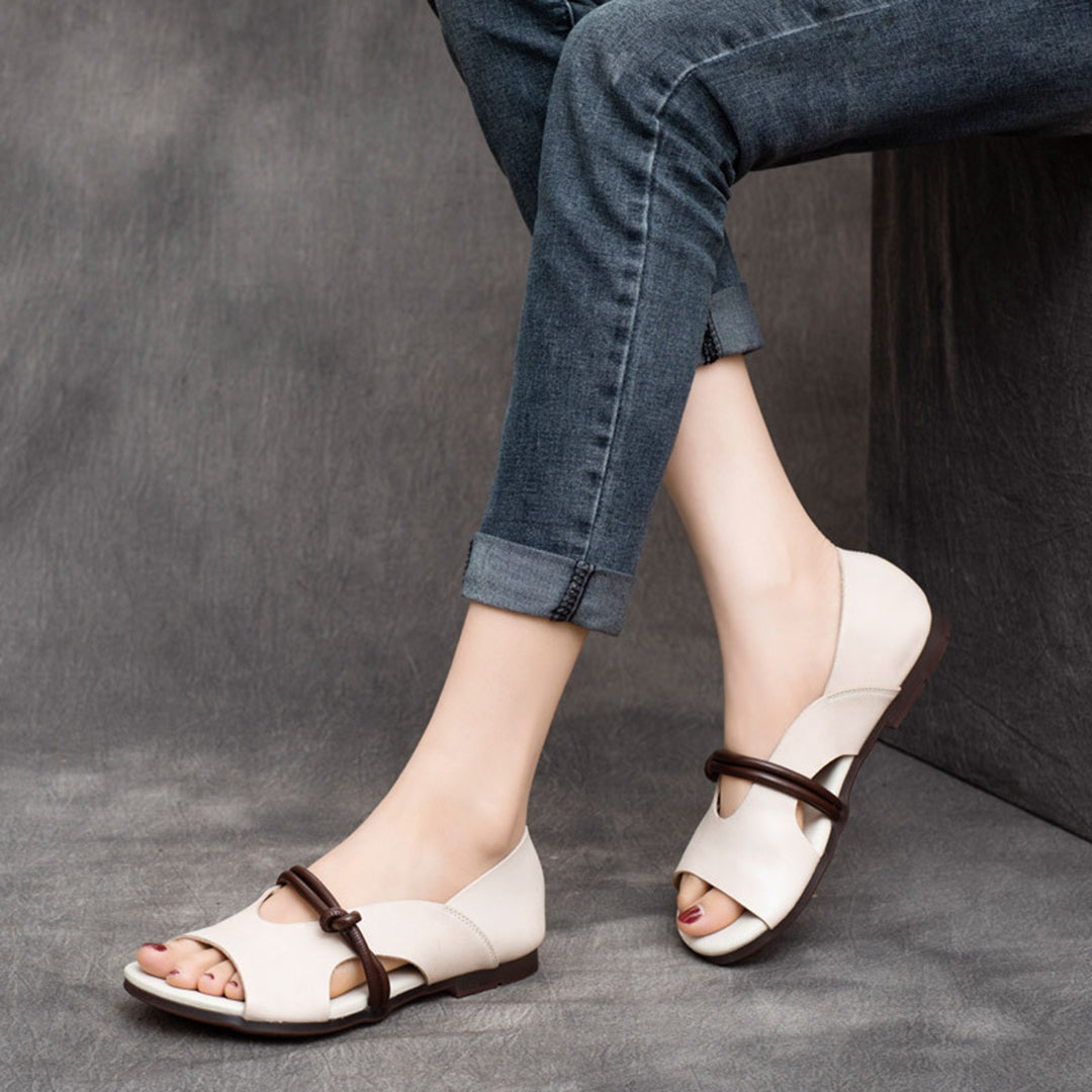 Peep Toe Solid Flat Leather Sandals - Luckyback