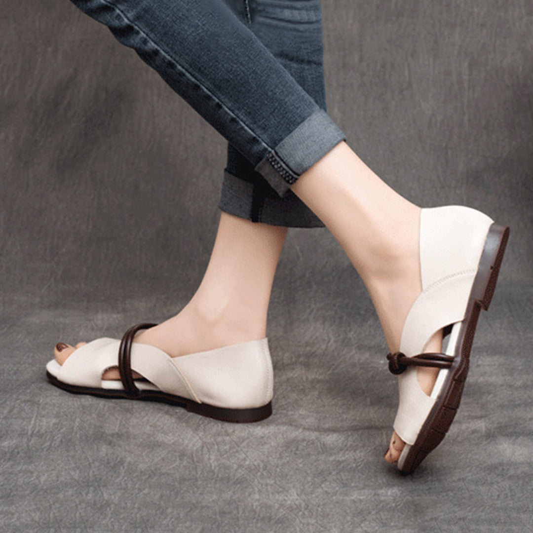 Peep Toe Solid Flat Leather Sandals - Luckyback