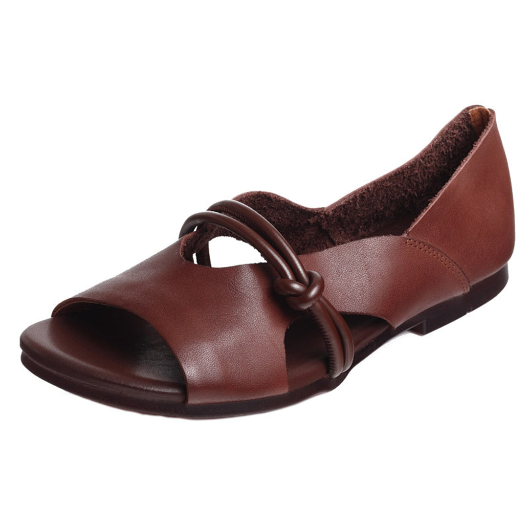 Peep Toe Solid Flat Leather Sandals - Luckyback